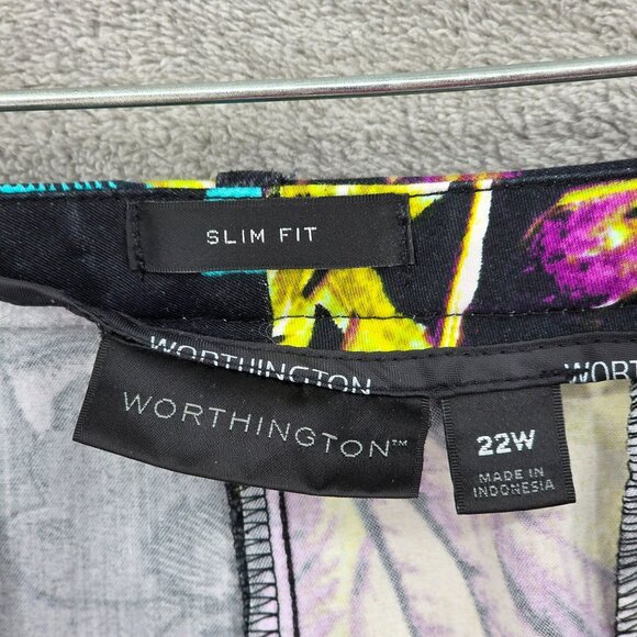 Worthington Slim Fit Cropped Pants 22W Black Colorful Floral Work Dressy Cotton - Picture 2 of 11